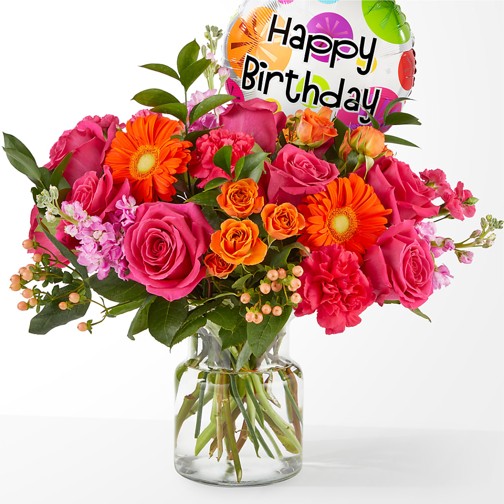 Fiesta Bouquet with Birthday Balloon – LEE'S FLORIST & GREENHOUSE, Center Line MI