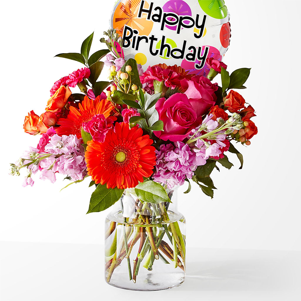 Fiesta Bouquet with Birthday Balloon – LEE'S FLORIST & GREENHOUSE, Center Line MI