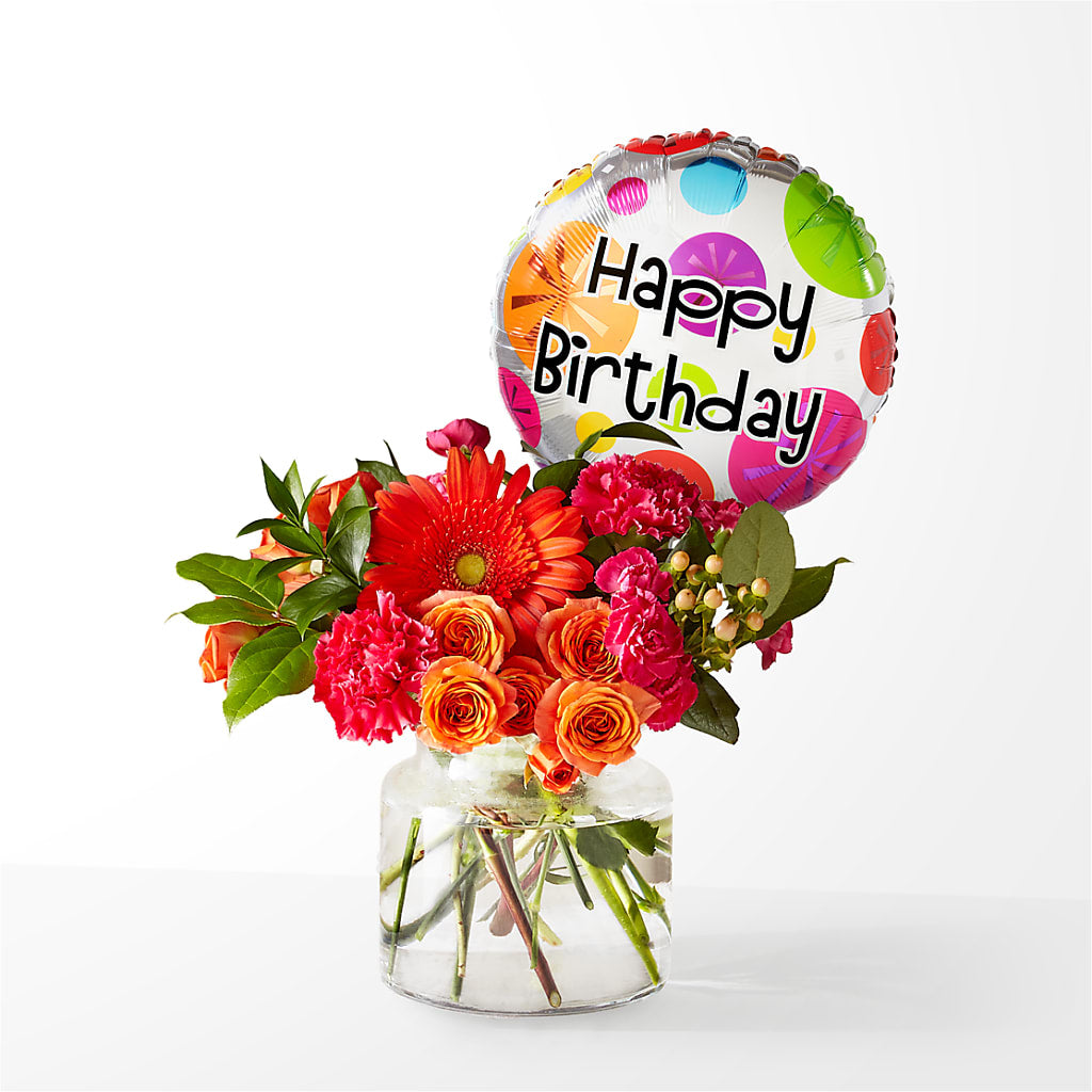Fiesta Bouquet with Birthday Balloon – LEE'S FLORIST & GREENHOUSE, Center Line MI