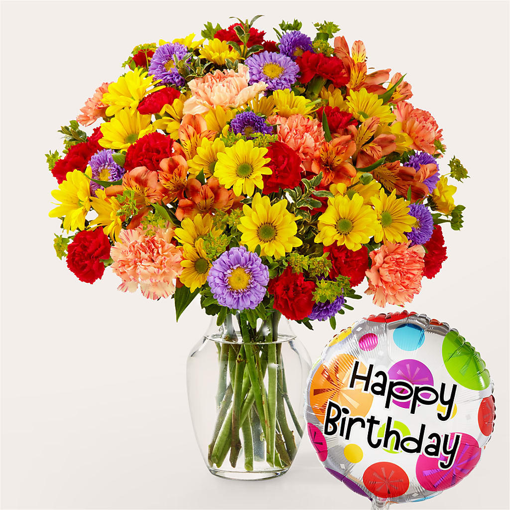 Kaleidoscope Bouquet with Birthday Balloon – LEE'S FLORIST & GREENHOUSE, Center Line MI