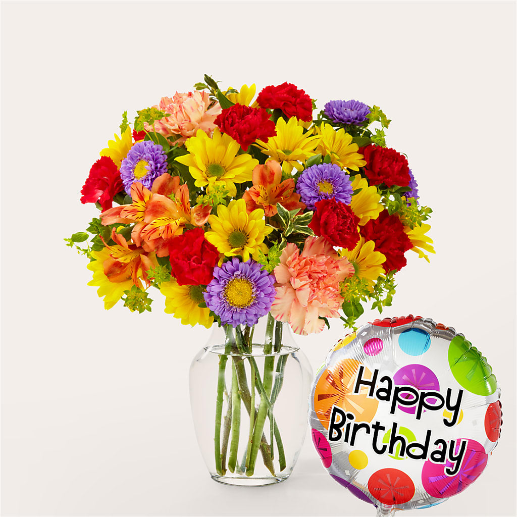 Kaleidoscope Bouquet with Birthday Balloon – LEE'S FLORIST & GREENHOUSE, Center Line MI