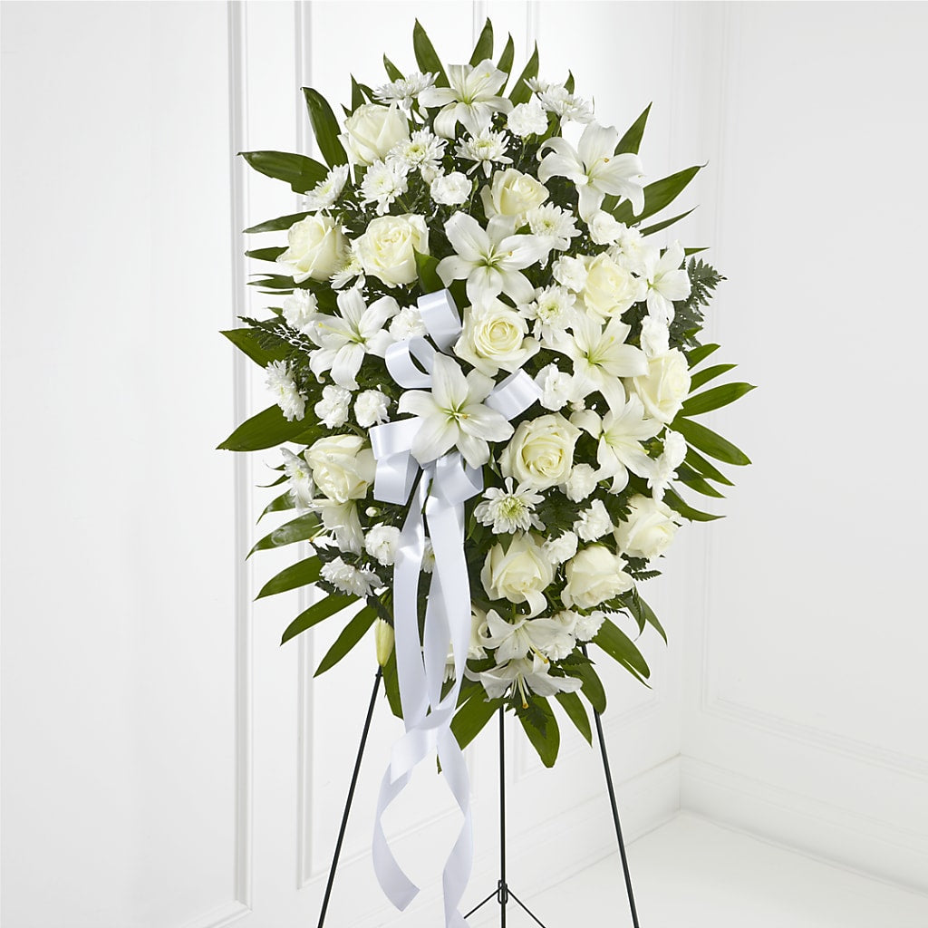 Exquisite Tribute Standing Spray-White Ribbon – LEE'S FLORIST & GREENHOUSE, Center Line MI
